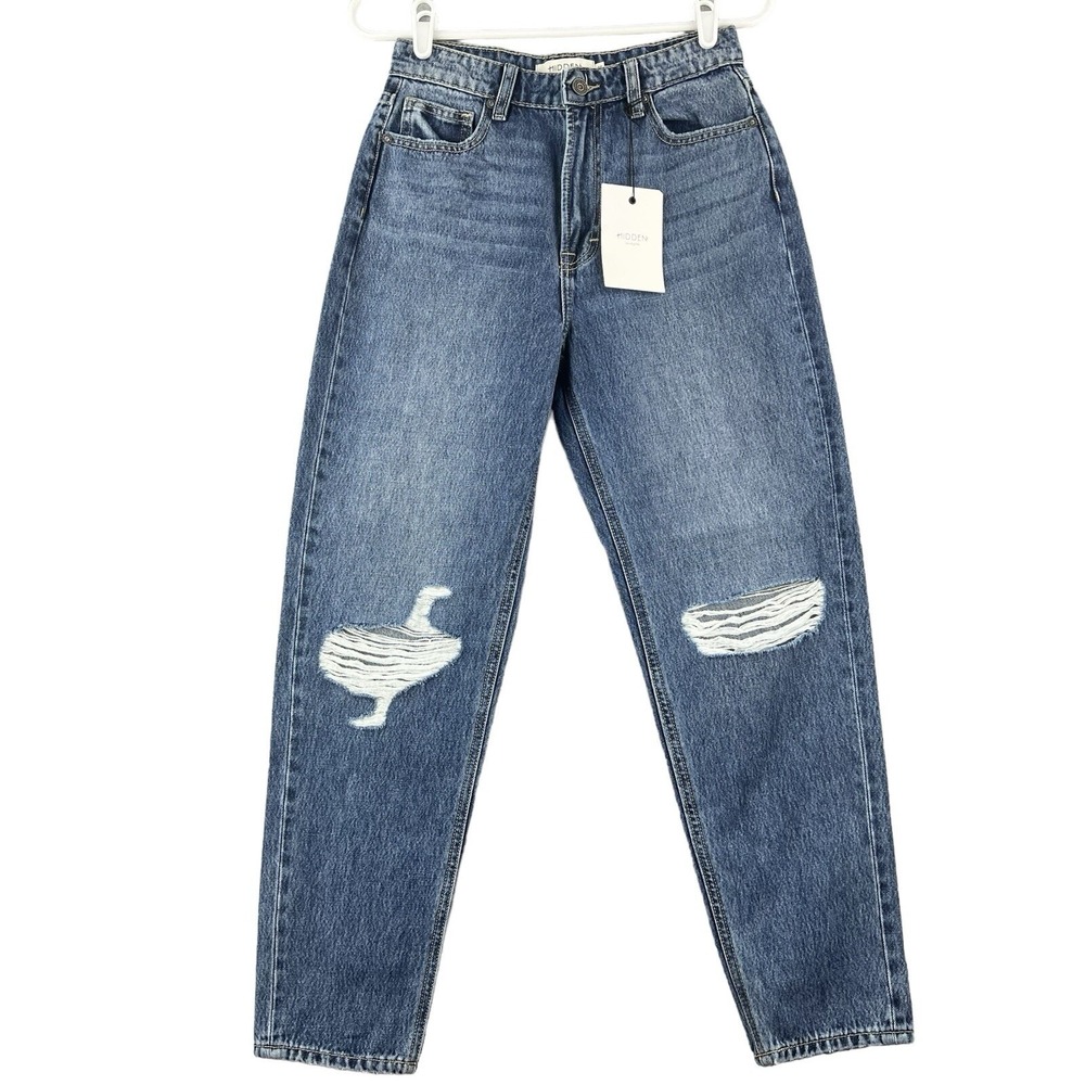 NWT HIDDEN Women's Blue Denim Jeans Size 25 Zoey Mom Tapered Distressed Cotton